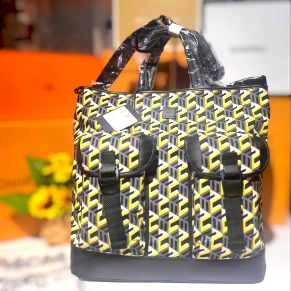 🔥SOLD🆕MCM Unisex Nylon Yellow/Black Cubic Logo Tote Bag MMT